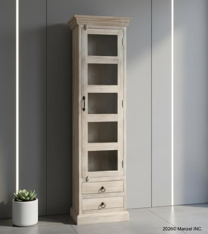 SOLID RECLAIMED TEAK WOOD & GLASS DISPLAY CASE TOWER WITH 2 DRAWERS