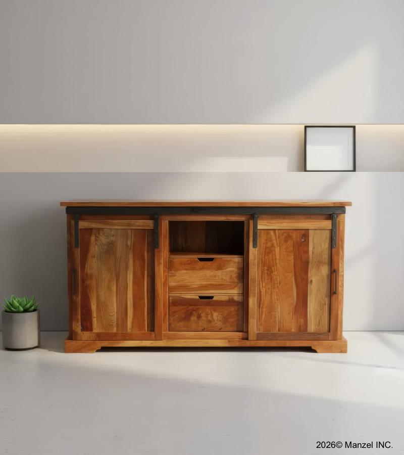 SOLID RECLAIMED TEAK WOOD MEDIA CENTER W/ SLIDING DOORS