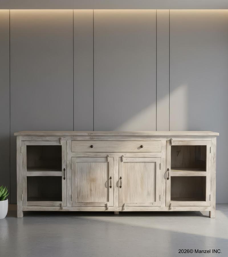 SOLID RECLAIMED TEAK WOOD & GLASS W/ 4 DOORS & 1 DRAWER SIDEBOARD CABINET