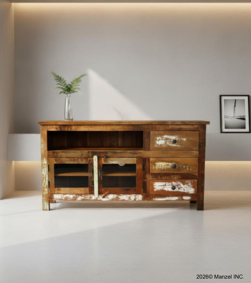 SOLID RECLAIMED TEAK WOOD & GLASS MEDIA CABINET WITH 3 DRAWERS & 2 DOORS