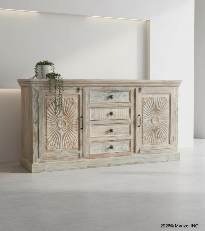 HAND CARVED SOLID RECLAIMED TEAK WOOD SIDEBOARD W/ 4 DRAWERS & 2 DOORS 