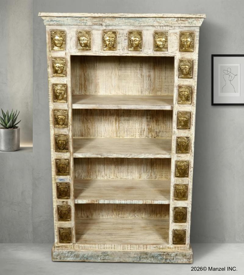 SOLID RECLAIMED TEAK WOOD SHELF W/ BRASS FITTED BUDDHA