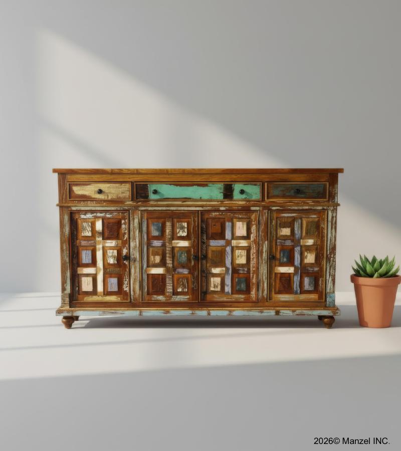 SOLID RECLAIMED TEAK WOOD SIDEBOARD W/ 6 DOORS & 3 DRAWERS