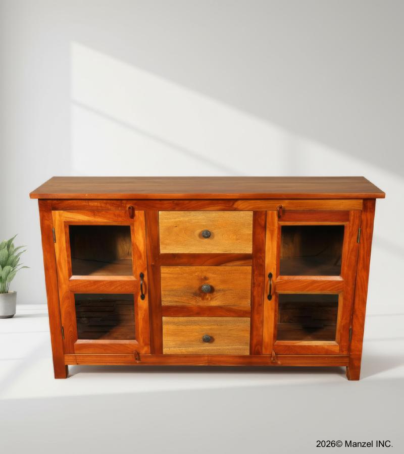 SOLID RECLAIMED TEAK & GLASS 2 DOOR, 3 DRAWER  CABINET CONSOLE SIDEBOARD