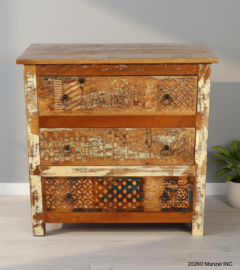SOLID RECLAIMED TEAK WOOD HAND CARVED DRESSER BUREAU CABINET 3 DRAWERS