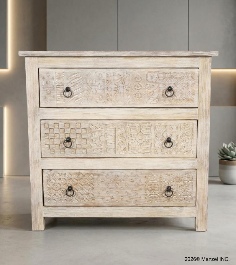 SOLID RECLAIMED TEAK WOOD HAND CARVED DRESSER BUREAU CABINET 3 DRAWERS