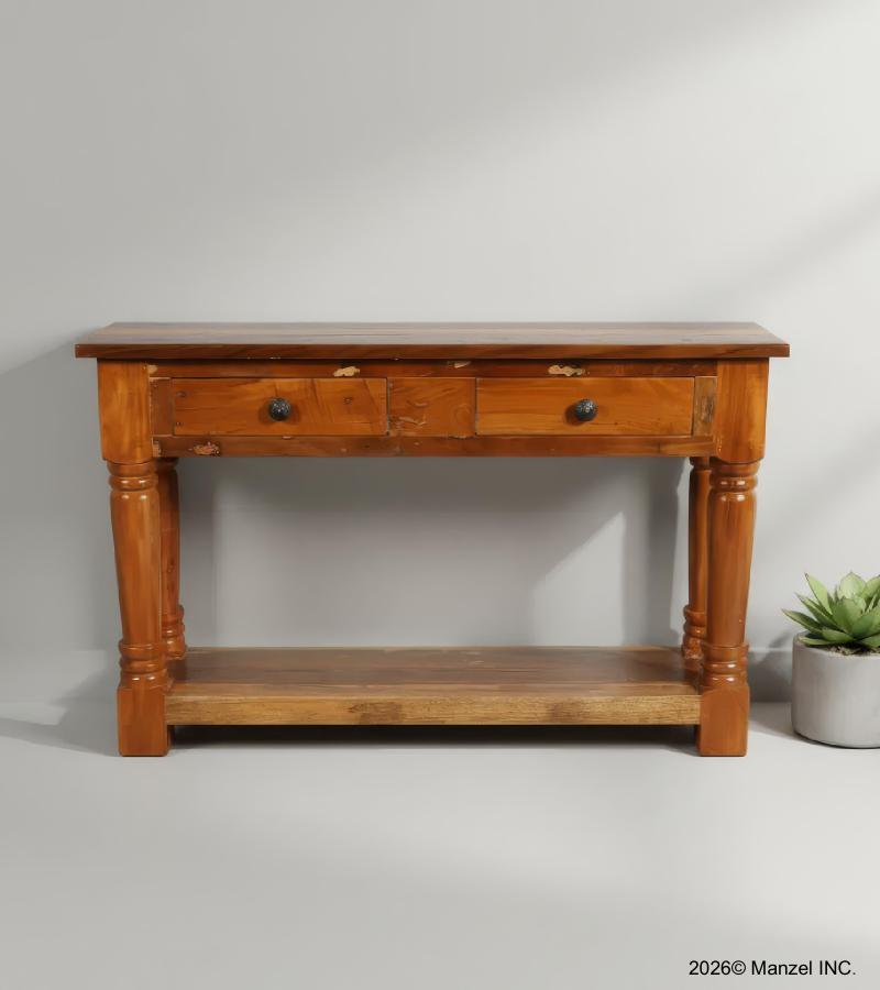 SOLID RECLAIMED TEAK WOOD CONSOLE WITH 2 DRAWERS & SHELF