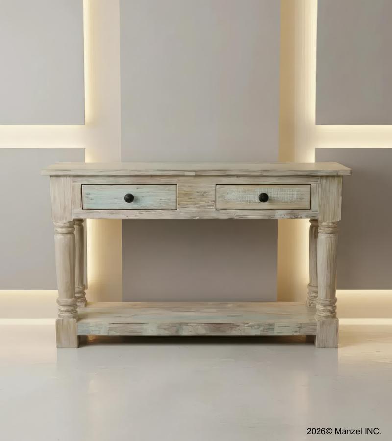 SOLID RECLAIMED TEAK WOOD CONSOLE WITH 2 DRAWERS & SHELF