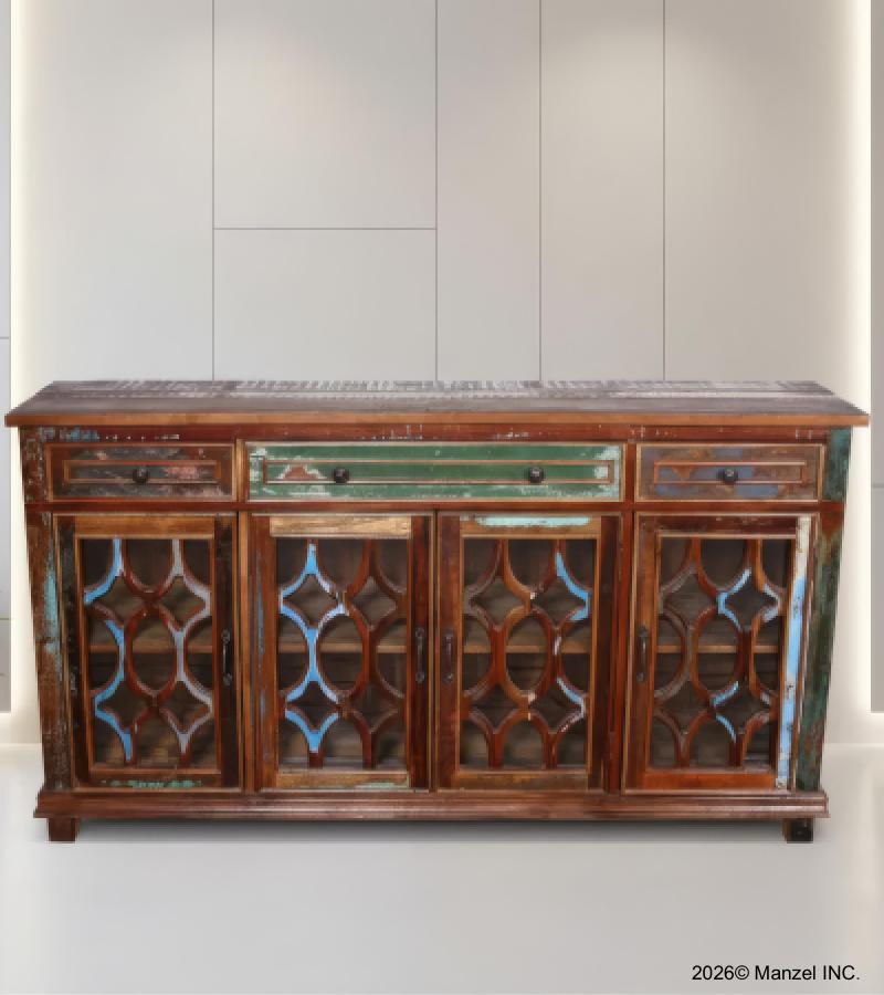 SOLID RECLAIMED TEAK WOOD & GLASS SIDEBOARD