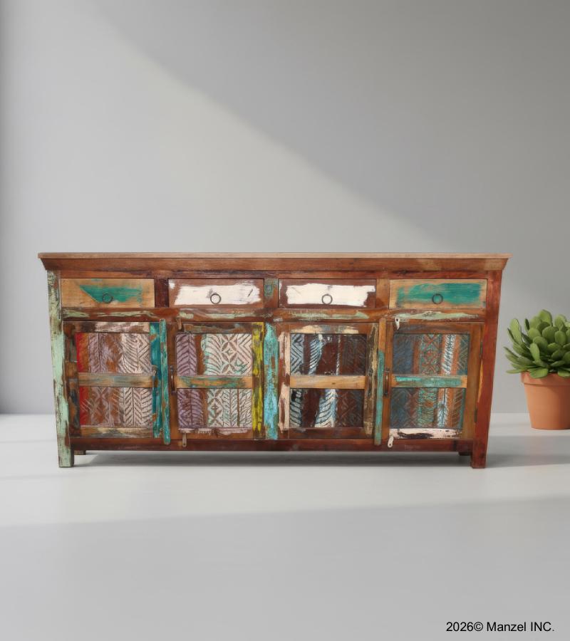 HAND CARVED SOLID RECLAIMED WOOD SIDEBOARD W/ 4 DRAWERS & 4 DOORS