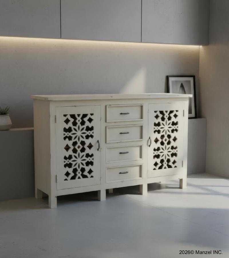 HAND CARVED SOLID WOOD SIDEBOARD W/ 2 DOORS & 4 DRAWERS