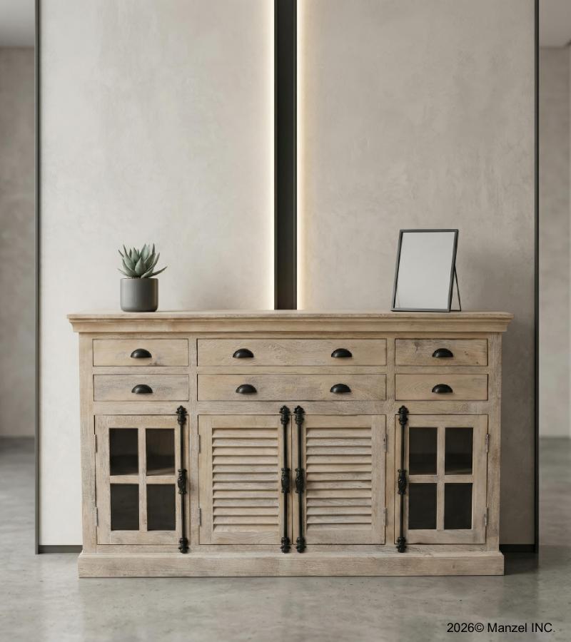 SOLID WOOD, GLASS & METAL SIDEBOARD W/ 8 DRAWERS & 4 DOORS