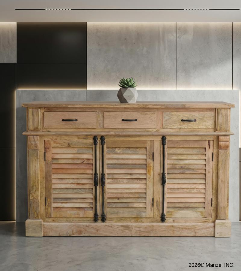 SOLID WOOD SIDEBOARD W/ 3 LOUVRED DOORS & 3 DRAWERS