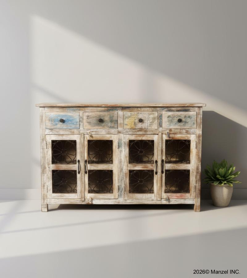 SOLID RECLAIMED TEAK WOOD SIDEBOARD W/ DECORATIVE IRON 4 DRAWERS & 4 DOORS