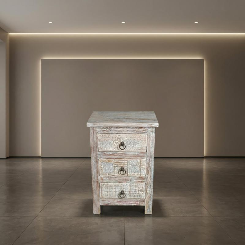 SOLID RECLAIMED TEAK WOOD 3 DRAWER END TABLE /  BEDSIDE