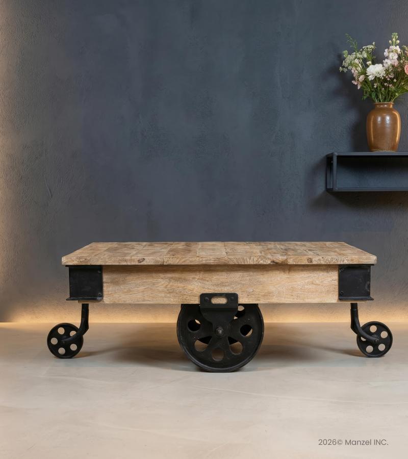 SOLID WOOD & IRON COFFEE TABLE ON CASTERS