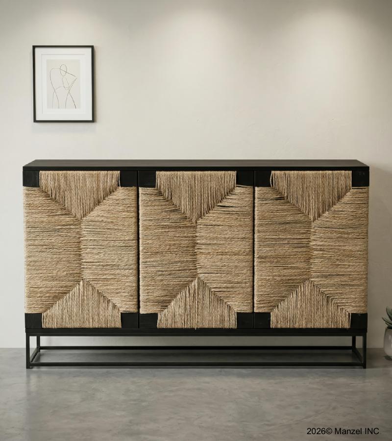 WOOD, IRON & WOVEN MATERIAL SIDEBOARD