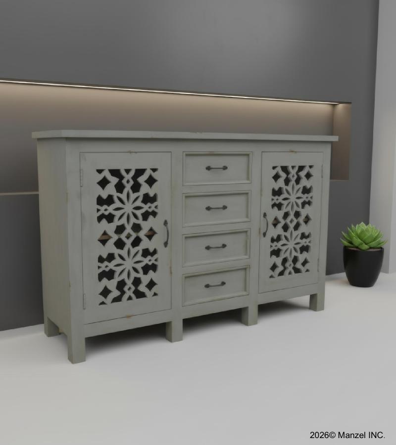 HAND CARVED SOLID WOOD SIDEBOARD W/ 2 DOORS & 4 DRAWERS
