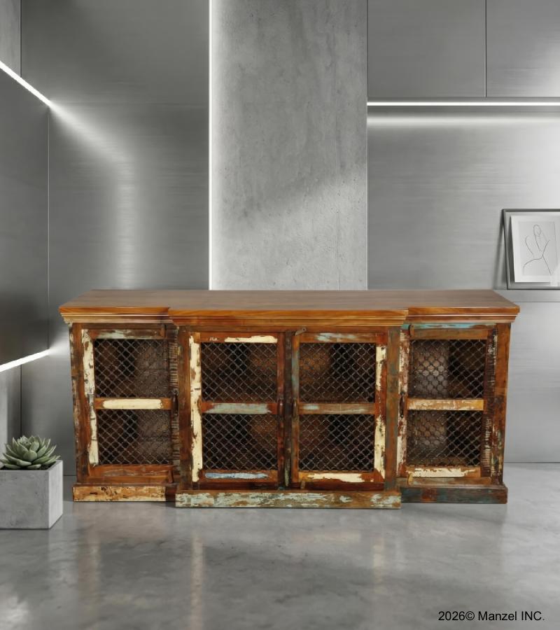 SOLID RECLAIMED TEAK WOOD, GLASS & MESH SIDEBOARD