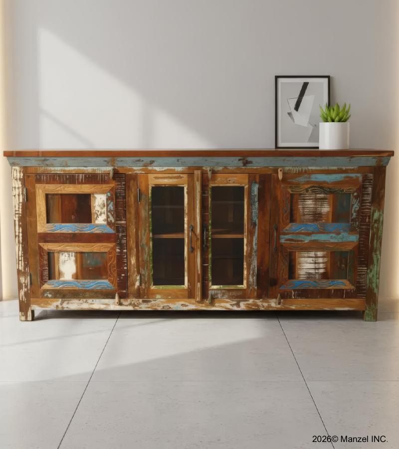 SOLID RECLAIMED TEAK WOOD & GLASS SIDEBOARD