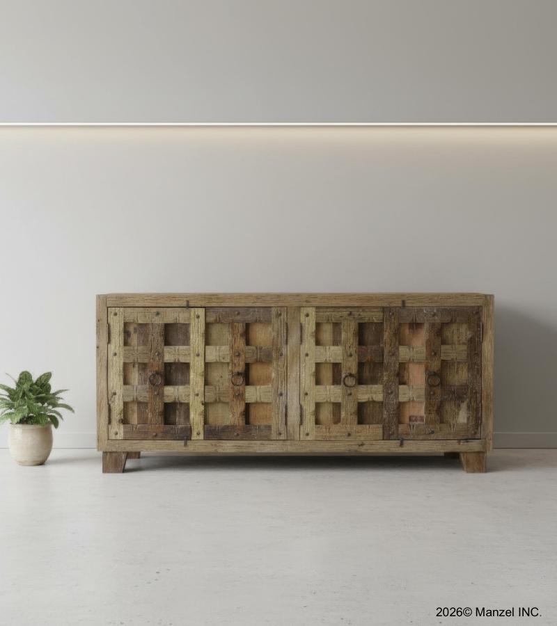 RUSTIC SOLID WOOD W/ METAL DETAILS SIDEBOARD 4 DOORS