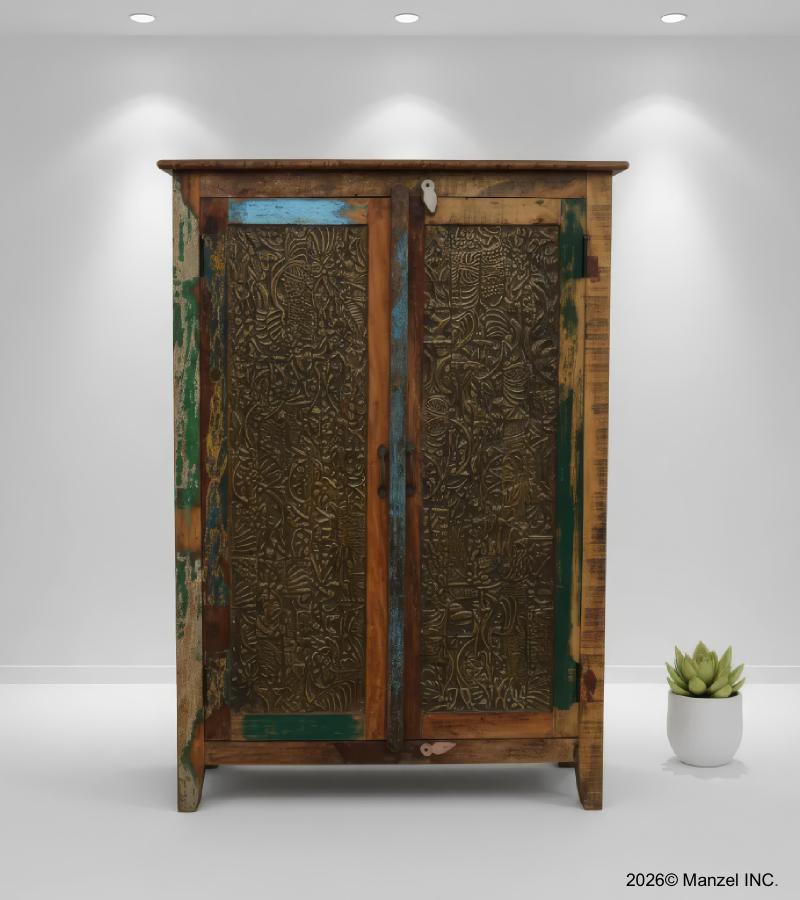 RECLAIMED TEAK CABINET W/ BRASS CASTING INLAYS