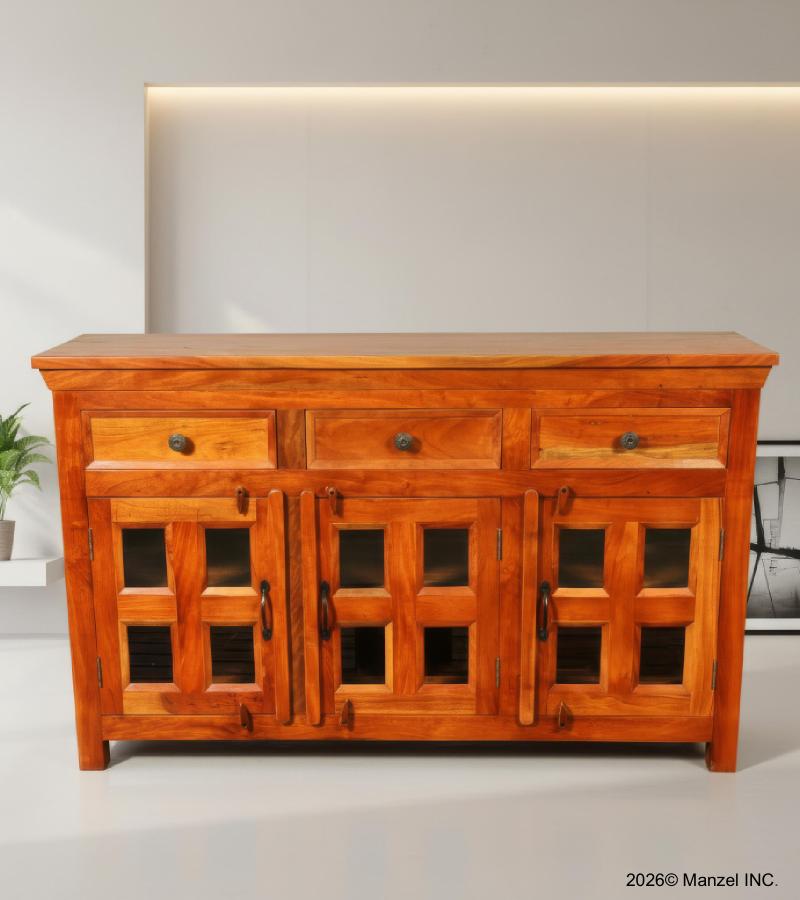 SOLID RECLAIMED TEAK & GLASS 3 DOOR, 3 DRAWER  CABINET CONSOLE SIDEBOARD