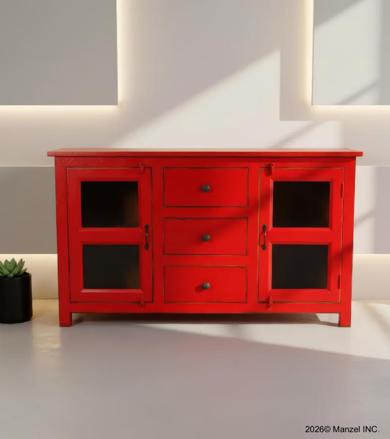 SOLID RECLAIMED TEAK & GLASS 2 DOOR, 3 DRAWER  CABINET CONSOLE SIDEBOARD