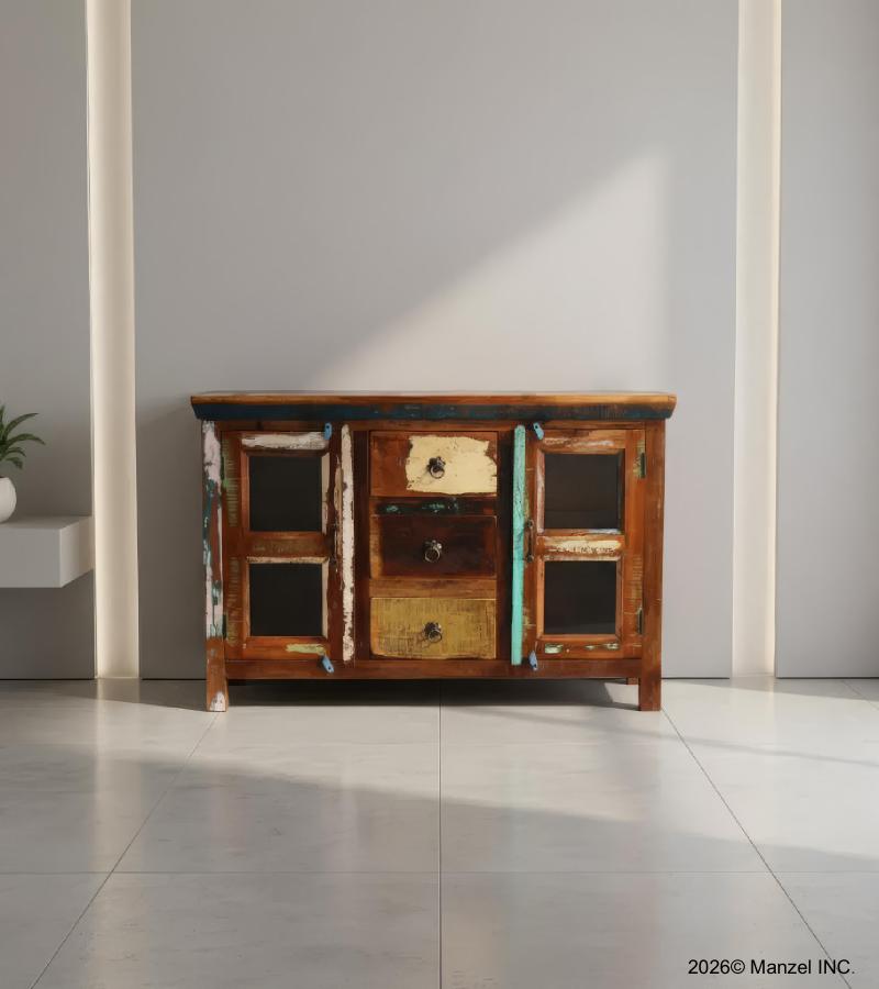 SOLID RECLAIMED TEAK WOOD & GLASS SIDEBOARD