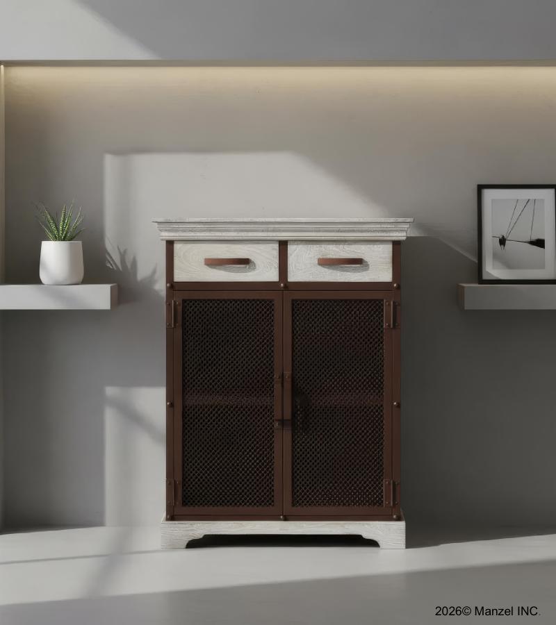 SOLID WOOD & METAL CABINET W/ 2 DOORS & 2 DRAWERS
