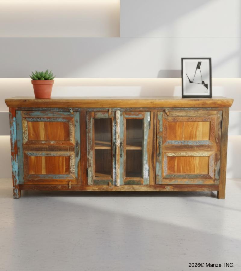 HAND CARVED SOLID  RECLAIMED TEAK WOOD & GLASS SIDEBOARD