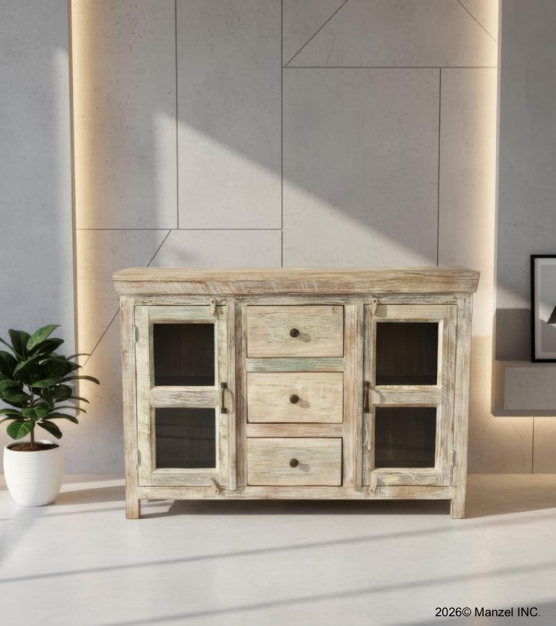 SOLID RECLAIMED TEAK WOOD & GLASS SIDEBOARD W/ 2 DOORS & 3 DRAWERS