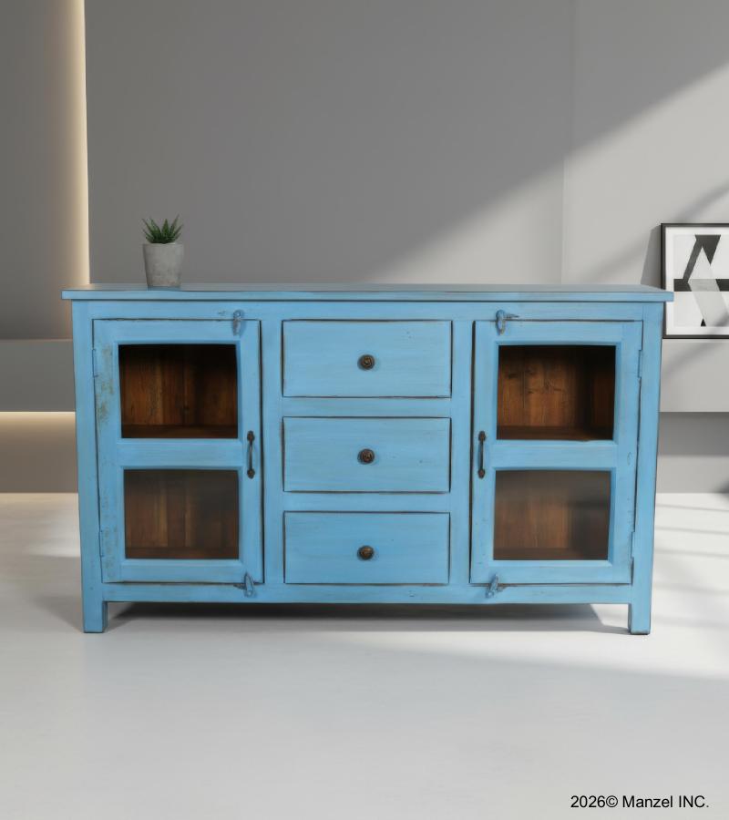 SOLID WOOD & GLASS SIDEBOARD W/ 2 DOORS & 3 DRAWERS