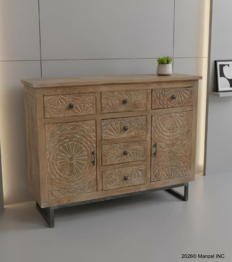 HAND CARVED SOLID WOOD 6 DRAWER & 2 DOOR SIDEBOARD