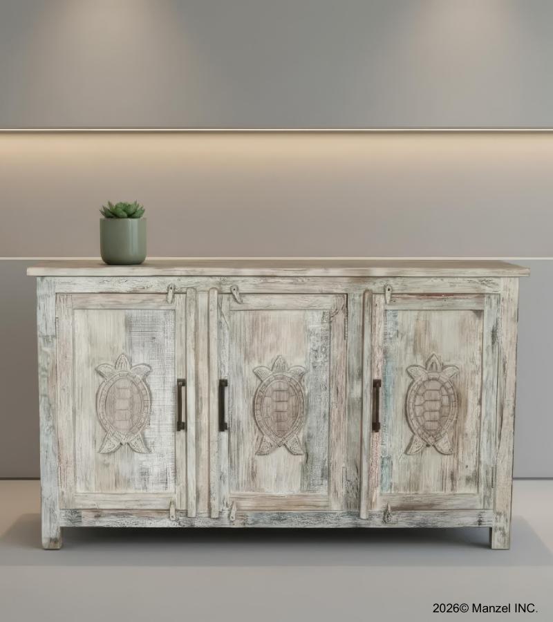 SOLID RECLAIMED TEAK WOOD SIDEBOARD CABINET W/ CARVED TURTLES