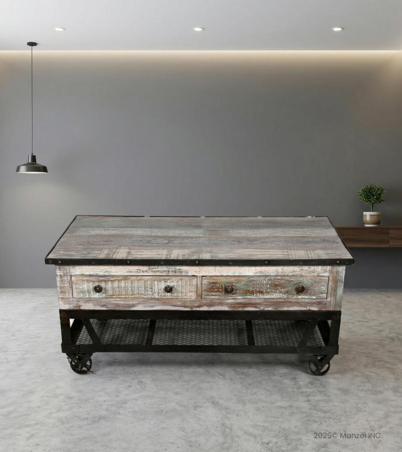 SOLID RECLAIMED TEAK WOOD IRON TROLLEY COFFEE  TABLE