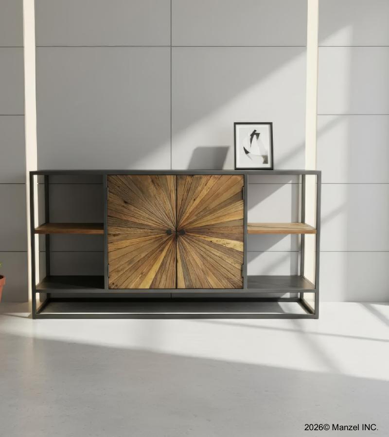 SOLID WOOD & IRON SIDEBOARD W/ OPEN SHELVES