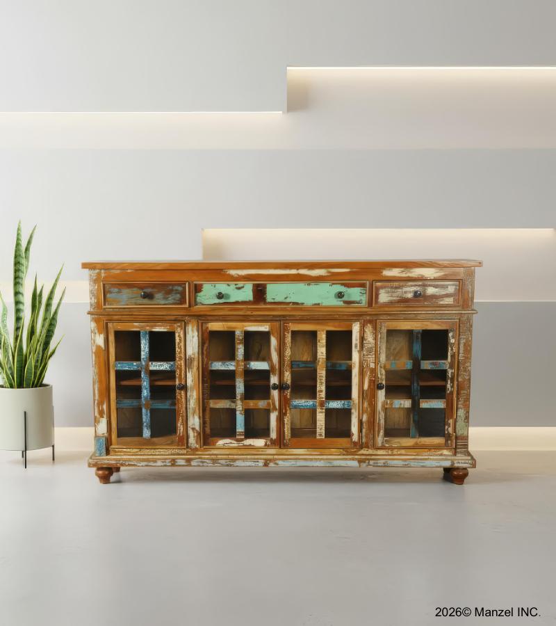 SOLID RECLAIMED TEAK WOOD & GLASS SIDEBOARD