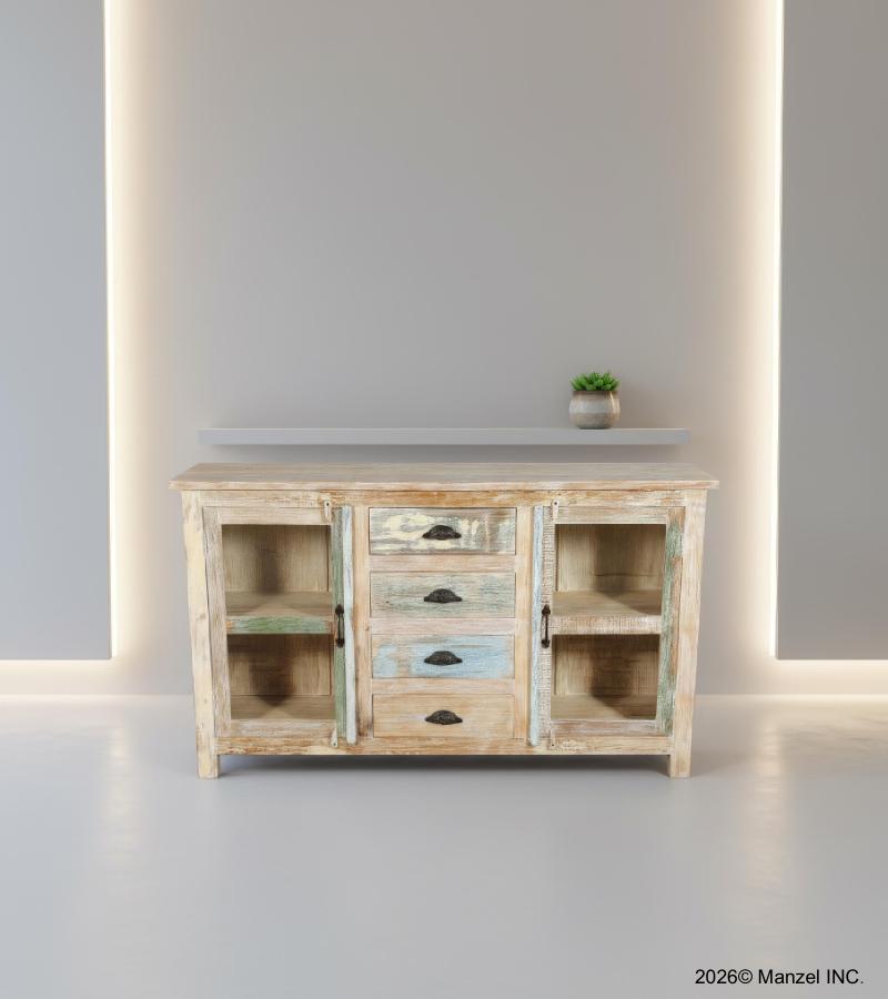 SOLID RECLAIMED TEAK WOOD & GLASS W/ 4 DRAWERS & 2 DOORS