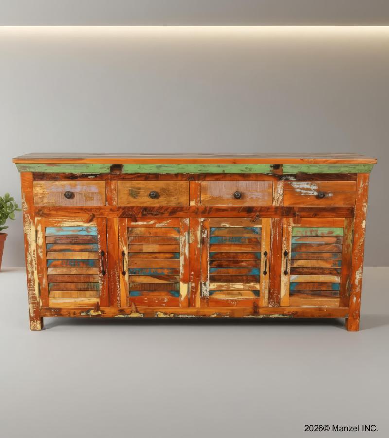 SOLID RECLAIMED TEAK WOOD SIDEBOARD SERVER CONSOLE W/ 4 DRAWERS & 4 DOORS