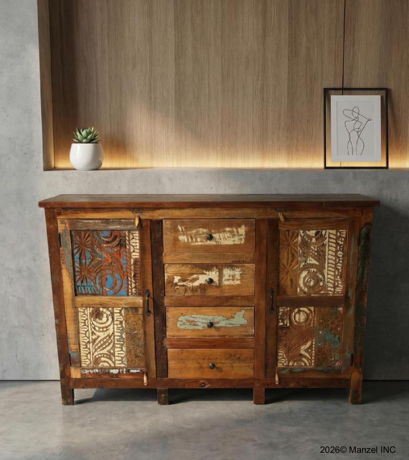 SOLID RECLAIMED CARVED TEAK WOOD W/ 4 DRAWERS & 2 DOORS SIDEBOARD CONSOLE