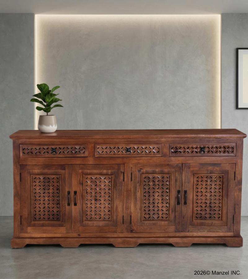 CARVED WOOD SIDEBOARD W/ 4 DOORS & 3 DRAWERS