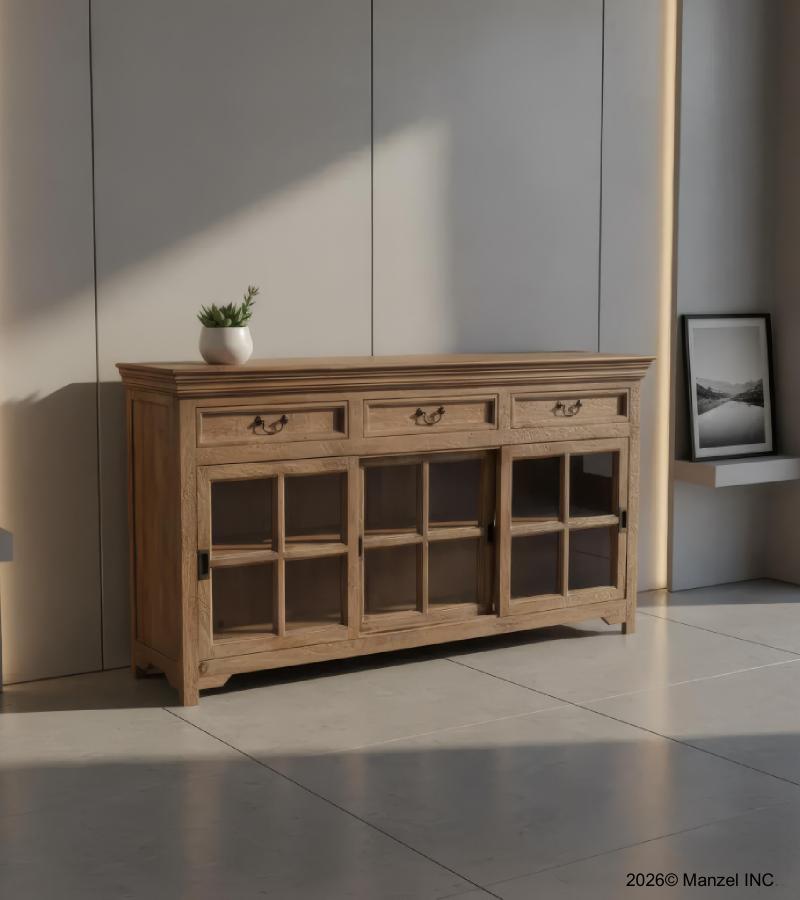 TRADITIONAL SOLID WOOD 3 DOOR SLIDERS WITH DRAWERS SIDEBOARD