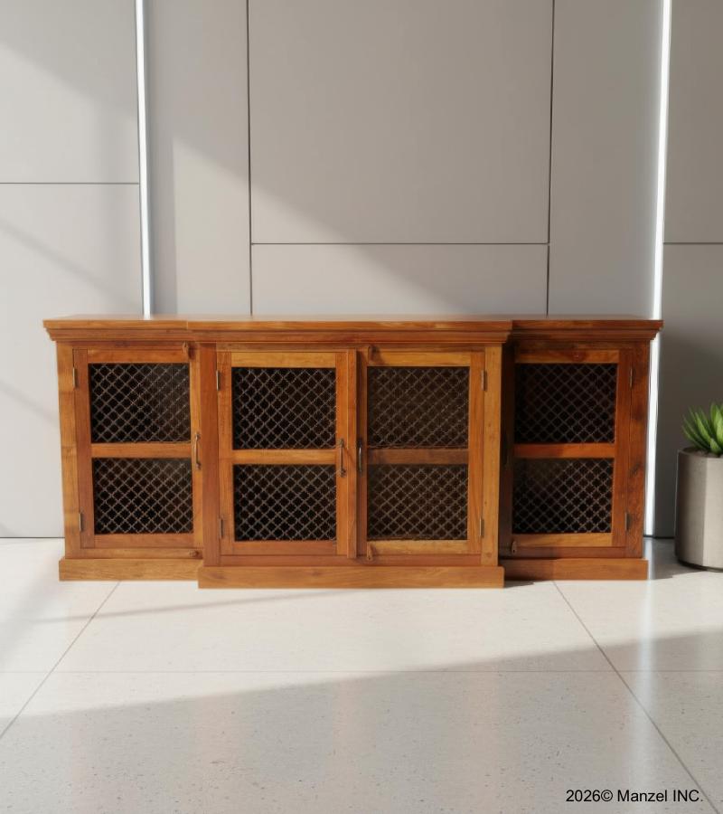 SOLID RECLAIMED TEAK WOOD 4 DOOR W/ MESH INSERT SIDEBOARD
