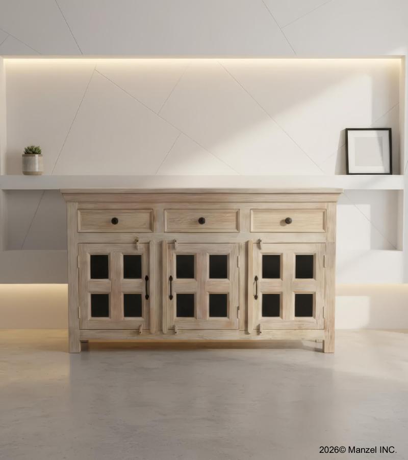 SOLID RECLAIMED TEAK & GLASS 3 DOOR, 3 DRAWER  CABINET CONSOLE SIDEBOARD