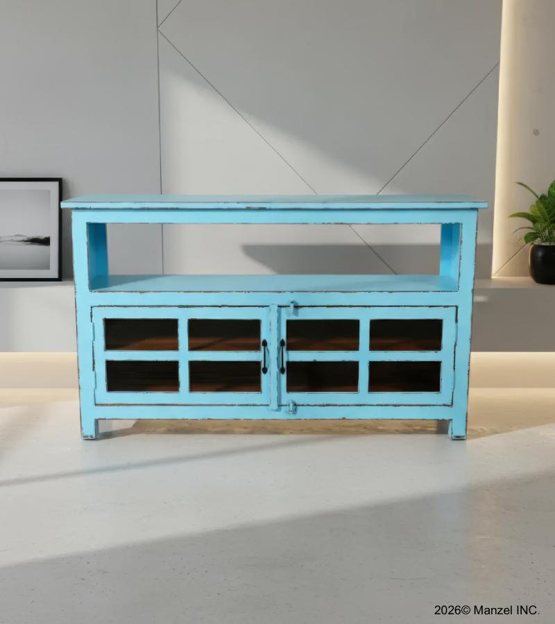 SOLID RECLAIMED TEAK & GLASS 2 DOOR CABINET CONSOLE SIDEBOARD