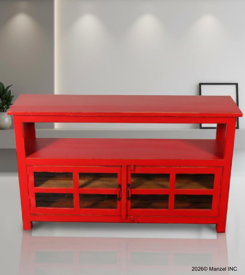 SOLID RECLAIMED TEAK & GLASS 2 DOOR CABINET CONSOLE SIDEBOARD