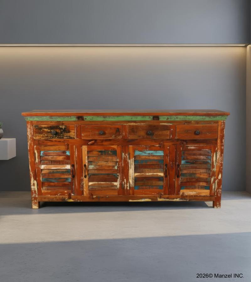 SOLID RECLAIMED TEAK WOOD SIDEBOARD SERVER CONSOLE W/ 4 DRAWERS & 4 DOORS