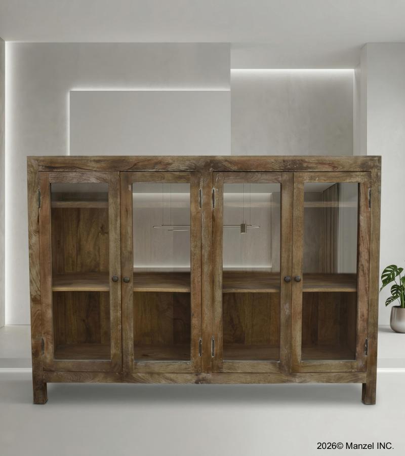 SOLID WOOD & GLASS 4 DOOR SIDEBOARD W/ DRAWERS