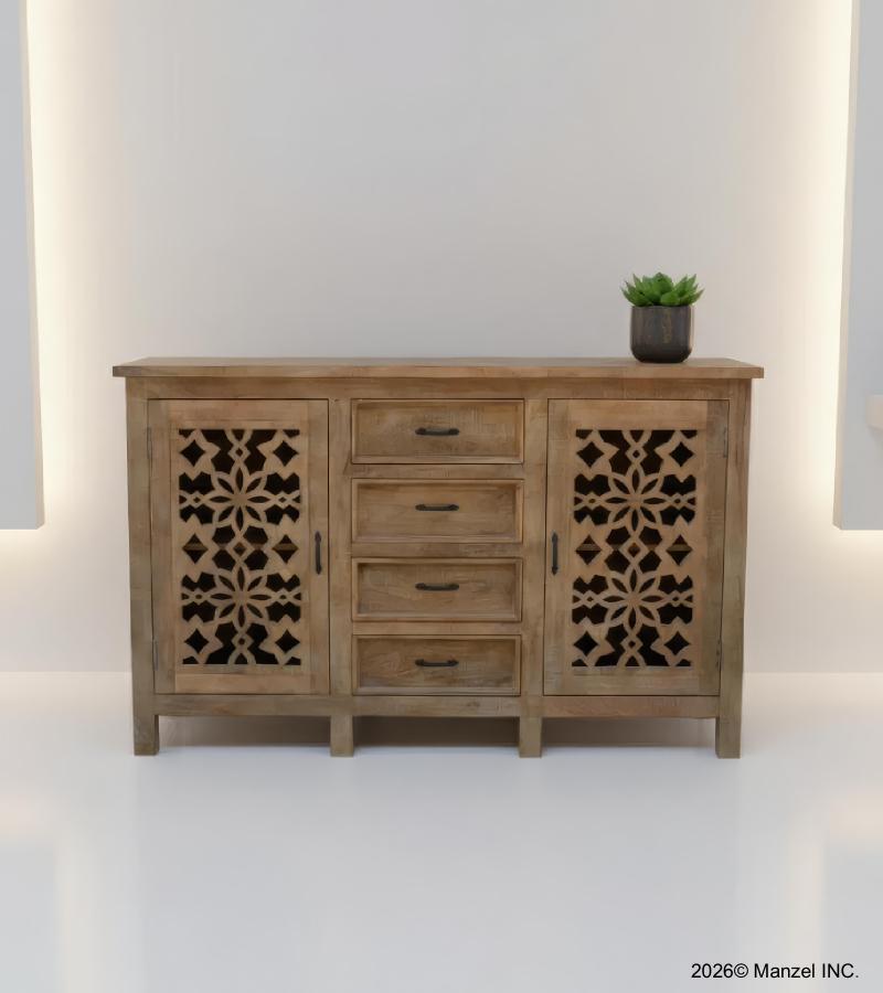 HAND CARVED SOLID WOOD SIDEBOARD W/ 2 DOORS & 4 DRAWERS